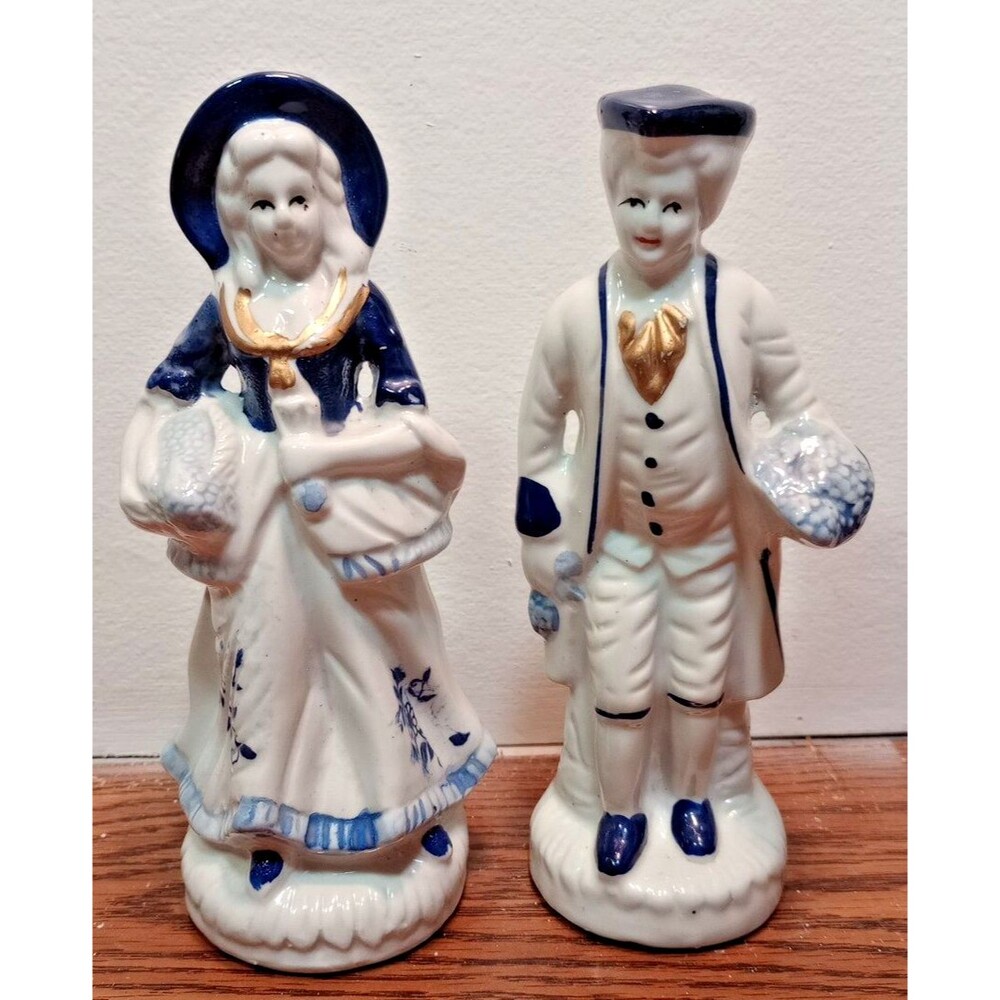 Vintage Cobalt Blue & White Victorian Couple Figurine 6.5" w/ Gold Accents As Is